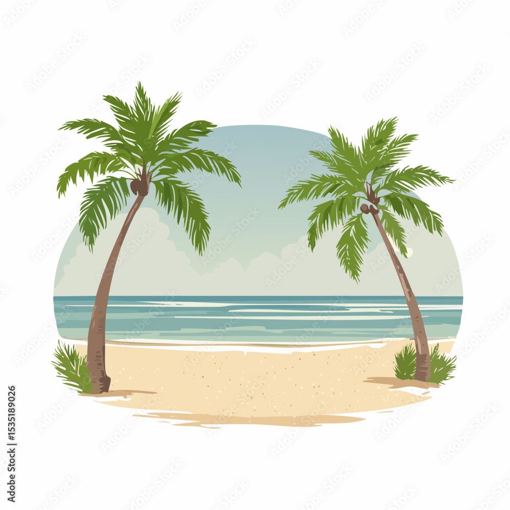 Obraz premium Vector Tropical sandy ocean beach with palm trees, vintage background