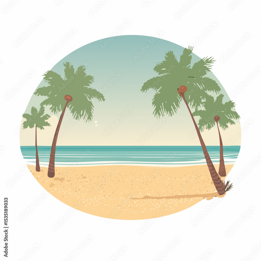 Naklejka premium Vector Tropical sandy ocean beach with palm trees, vintage background
