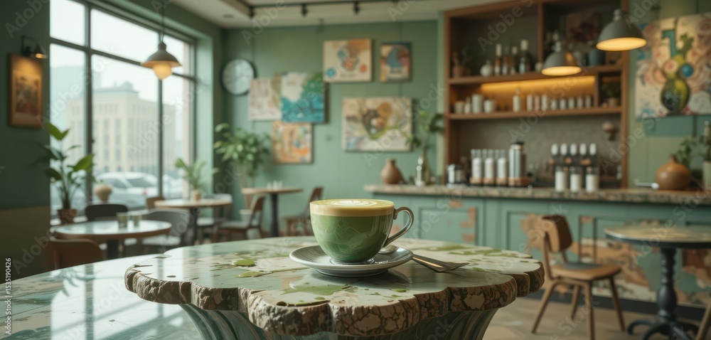 Dreamscape Matcha An Abstract Cafe Scene Featuring a Surreal Matcha Latte. Dreamscape Matcha An Abstract Cafe Scene Featuring a Surreal Matcha Latte.