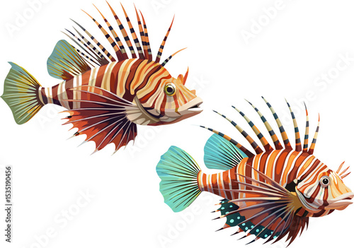 A lionfish with spiky fins and striped body, standing out on white. Pteroids volitans, tropical fish