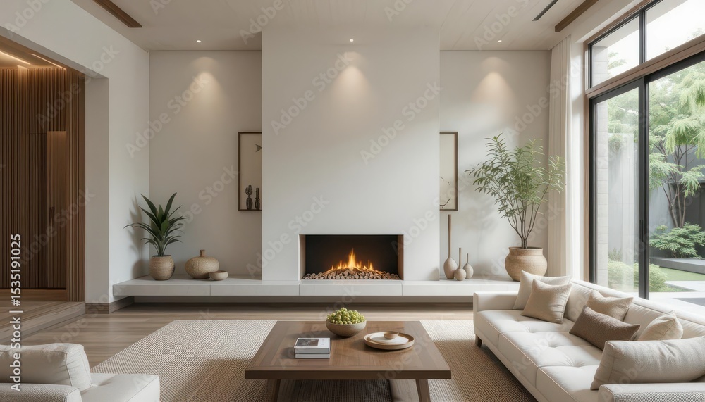 Neutral Colors, Bamboo Accents, and a Low Fireplace Create a Peaceful and Harmonious Space Neutral Colors, Bamboo Accents, and a Low Fireplace Create a Peaceful and Harmonious Space