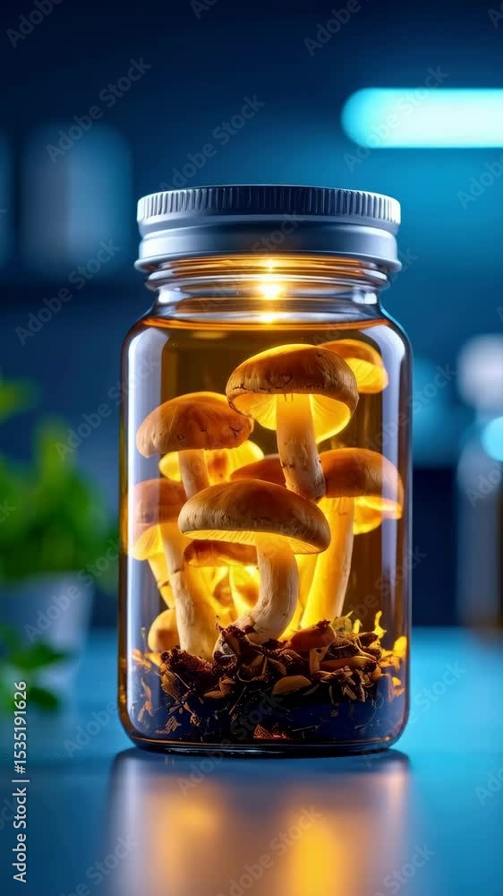 Glass jar filled with luminous brown mushrooms and dried organic material on a blue surface in a laboratory setting. Glass jar filled with luminous brown mushrooms and dried organic material on a blue surface in a laboratory setting.