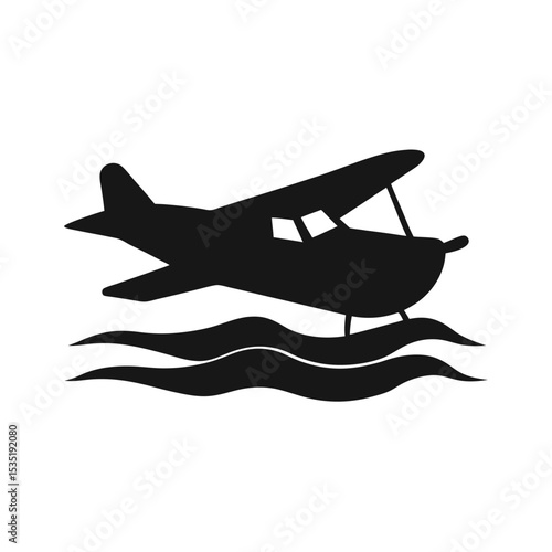 Black Silhouette Seaplane Landing on Water Waves Simple Graphic Icon airplane