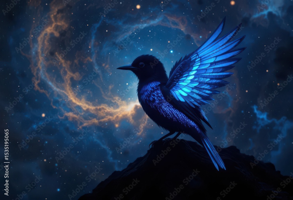 Obraz premium Luminous Bluebird Bioluminescent Effect on Feathers Creates a Striking Contrast with the Dark Background