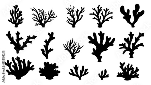 Seaweed silhouettes, coral black icon. Abstract organic shape, underwater plant, matisse element, cute sea doodle.