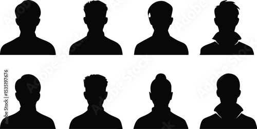Vector silhouettes of people with different hair styles and clothing on white background