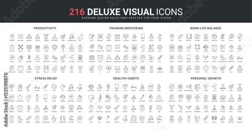 Healthy habits, health check and stress relief, direction of personal growth and tasks of leader line icon set. Training process and timeline, mentoring thin black outline symbols vector illustration