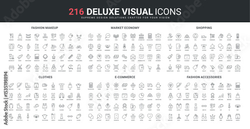 Fashion clothes and accessory, beauty makeup and shopping, ecommerce line icon set. Market economy, online store sales protection and delivery by courier thin black outline symbols vector illustration