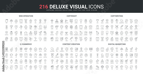 Digital marketing, idea creation line icons set. Cloud services to share, protect and update data, protection of copyright and authors content, storytelling thin black symbols vector illustration