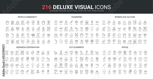 City elements, workplace culture and office communication, collaboration and teamwork line icon set. People in community, support and partnership thin black outline symbols vector illustration