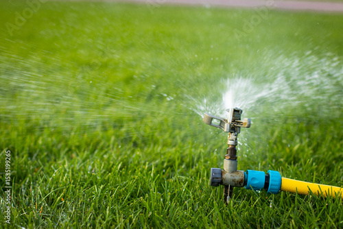 Garden, Grass Watering. Smart garden activated with full automatic sprinkler irrigation system working in a green park, watering lawn, flowers and trees. sprinkler head watering. Gardening concept.
