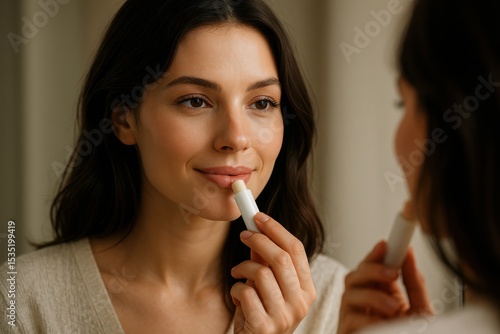 A woman applies lip balm, looking at her reflection in a mirror. Natural beauty and daily skin care routine for healthy lip.