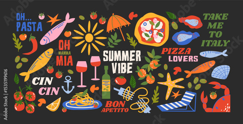 Italian food and culture stickers set in retro cartoon style. Food and drink: pizza, pasta, wine, tomato. Illustration in funky, doodle style, trendy labels set.