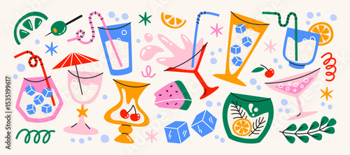 Cartoon stickers cocktails in glass jars and glasses, set of alcoholic drinks and fruits. Retro cans of refreshing drinks with ice for party. cocktail ingredients. trending doodle stickers