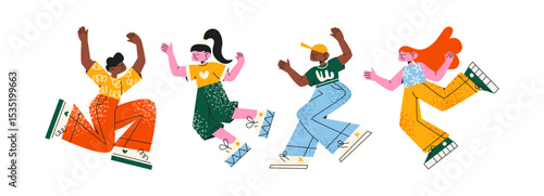 Happy cartoon retro characters in 90s style jumping. Groovy set of people in flight smiling women and men. Hippie funky illustration	