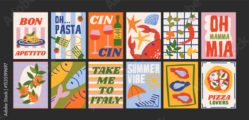 Abstract Italian summer posters in 90s style. Bright compositions: pizza, lemons, cocktails, seafood in cartoon trendy retro style. Decor for kitchens, cafes and restaurants. Minimalist wall banners