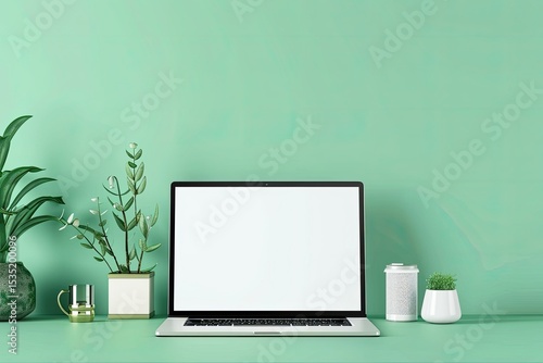 Detailed Color Picture of Desktop and Laptop Screen Computer Digital Device on Green Background