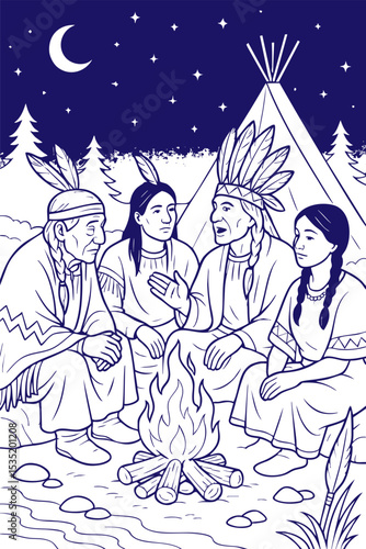 WebNative American family storytelling around campfire at night