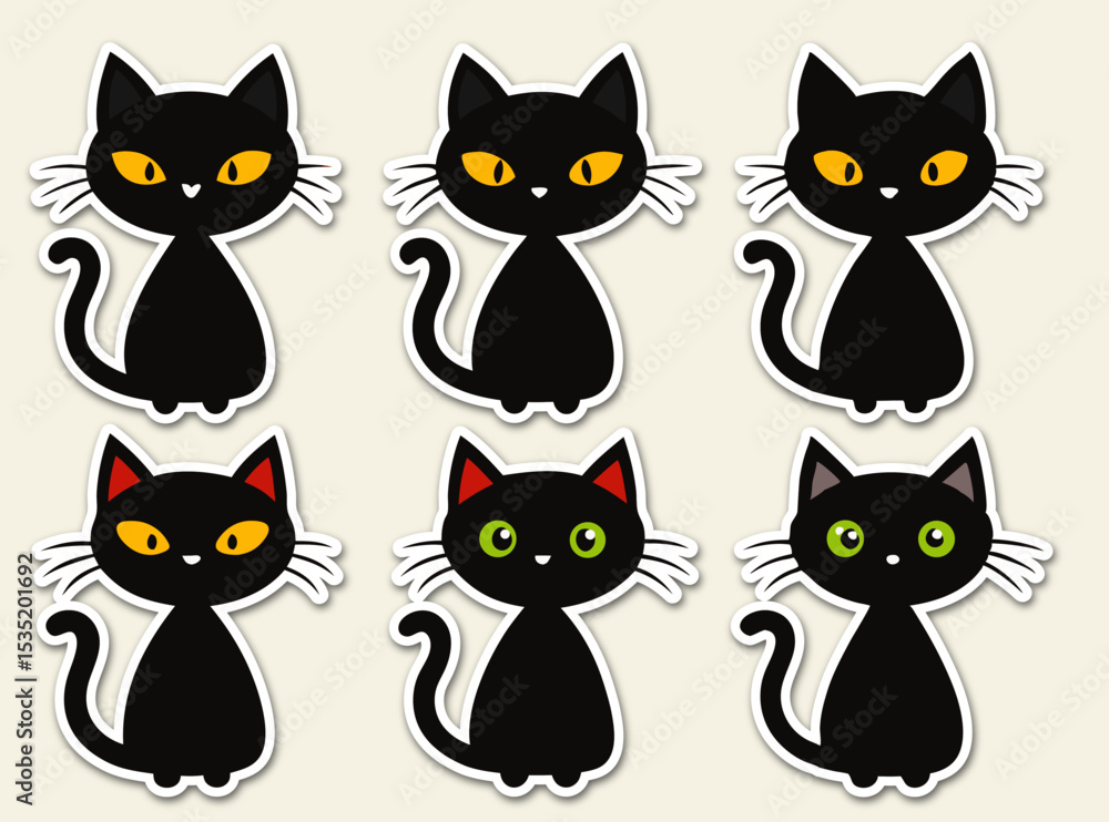 Fototapeta premium Halloween cats stickers. A collection of cat stickers in various poses isolated on background