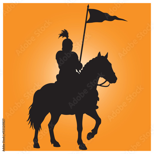Silhouette of a medieval knight on horseback holding a flag against an orange background