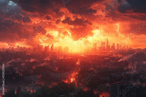 Lightning storm over city, flash over city cataclysm landscape panorama
