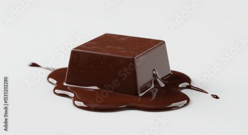 Melting dark chocolate cube on white background