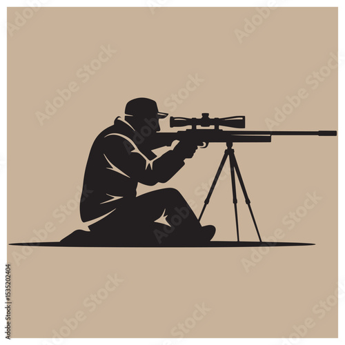Silhouette of a sniper aiming with a rifle on a tripod prepared for precision shooting