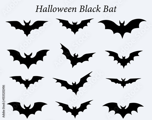 A set of spooky bat silhouette with different wing positions isolated on a white background ideal for Halloween. 
