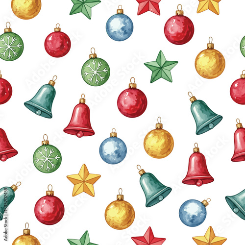  Watercolor Christmas Ornaments and Bells Seamless Pattern