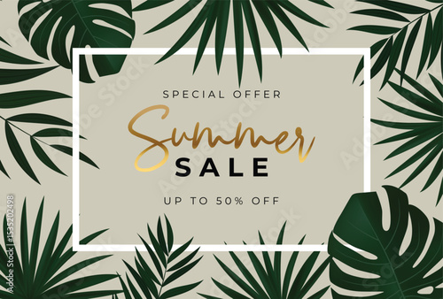 Summer sale poster. Natural Background with Tropical Palm Leaves. Vector Illustration.eps