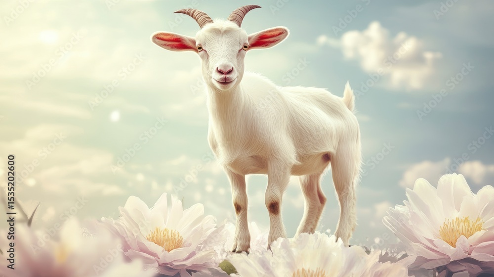 A young white goat stands in a field of large pink flowers against a bright sky. A young white goat stands in a field of large pink flowers against a bright sky.