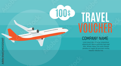 Travel Voucher 100 Dollar Template Background with Airplane. Vector Illustration.eps