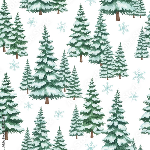 Watercolor Snowy Pine Trees and Snowflakes Seamless Pattern