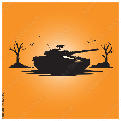 Silhouetted tank with birds and dead trees against orange background depicting conflict