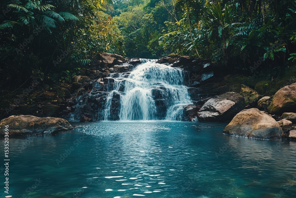 Fototapeta premium Jungle waterfall cascade in tropical forest with rock and turquoise blue pond