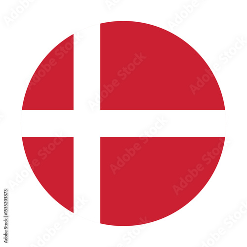 Round Denmark Flag Icon – Denmark Flag Circular Vector Badge with Standard Colors and National Symbol. Circle Flag Icon of Denmark, Button Badge Icon.
