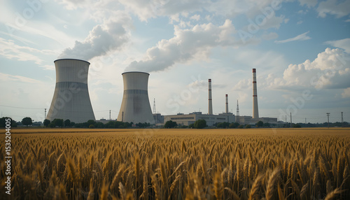 Nuclear power plant cooling towers, big chimneys beside Wheat field with partly cloudy sky in Kurdistan province, iran