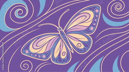 Elegant butterfly design with decorative swirls and lines on a vivid purple background