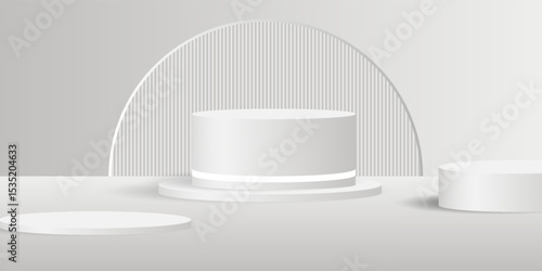 Abstract white background with cylindrical podium for displaying products, 3D white and grey cylindrical pedestal with curved background and cave wall, Vector illustration