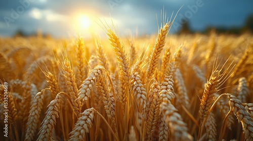 Field of wheat in sunny day, close up of ripening wheat ears, crops field, rural landscape