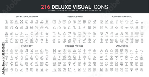 Team cooperation and freelance, office stationery line icons set. Legal protection of employee, brainstorming and team earnings growth, document approval thin black outline symbols vector illustration