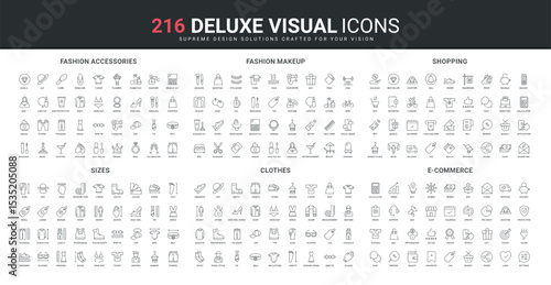 Clothes and accessory of fashion store, online shopping, ecommerce line icon set. Guide to measure body and head, foot size, makeup and beauty tools thin black outline symbols vector illustration