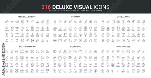 Online training and elearning, personal skill growth, business decision line icon set. Organization of work life balance, winners thinking, startup thin black outline symbols vector illustration