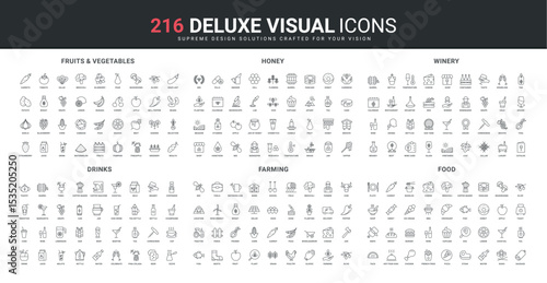 Organic agriculture and farming, fresh vegetables and fruits harvest and selection, winery line icon set. Honey and quality research, food and drink thin black outline symbols vector illustration