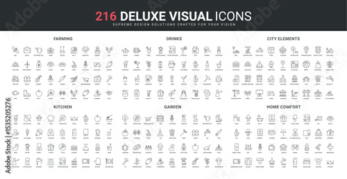 Farming, garden works and agronomy line icons set. Cookbook recipe for cooking in kitchen, control of comfort city and home elements, drinks in bar thin black outline symbols vector illustration