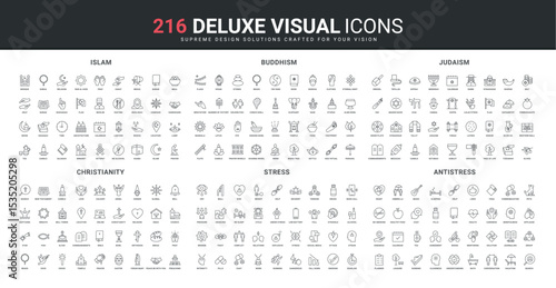 Religion, stress and antistress technology, mental health line icons set. Christian, Buddhist, Muslim religious prayer tradition, temple and food, thin black outline symbols vector illustration