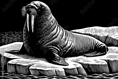 walrus lounging on an ice floe with long tusks visible black and white sketch vector
