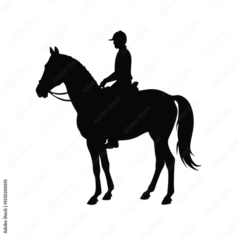 A vector silhouette of a person riding a horse. The rider is sitting tall on the horse, facing to the side, A vector silhouette of a person riding a horse. The rider is sitting tall on the horse, facing to the side,