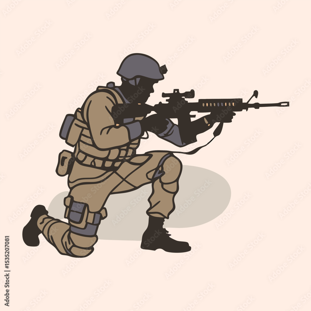 A vector silhouette of a soldier kneeling in a combat stance, holding a rifle with both hands A vector silhouette of a soldier kneeling in a combat stance, holding a rifle with both hands