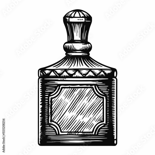 Elegant aftershave bottle design with vintage style.  Square glass bottle with ornate stopper and blank label. Perfect for barbershop branding, grooming product packaging, or men's fashion magazine.
